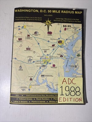 Washington DC 50 Mile Radius Wall Map 1988 ADC Vintage Street Atlas Guide