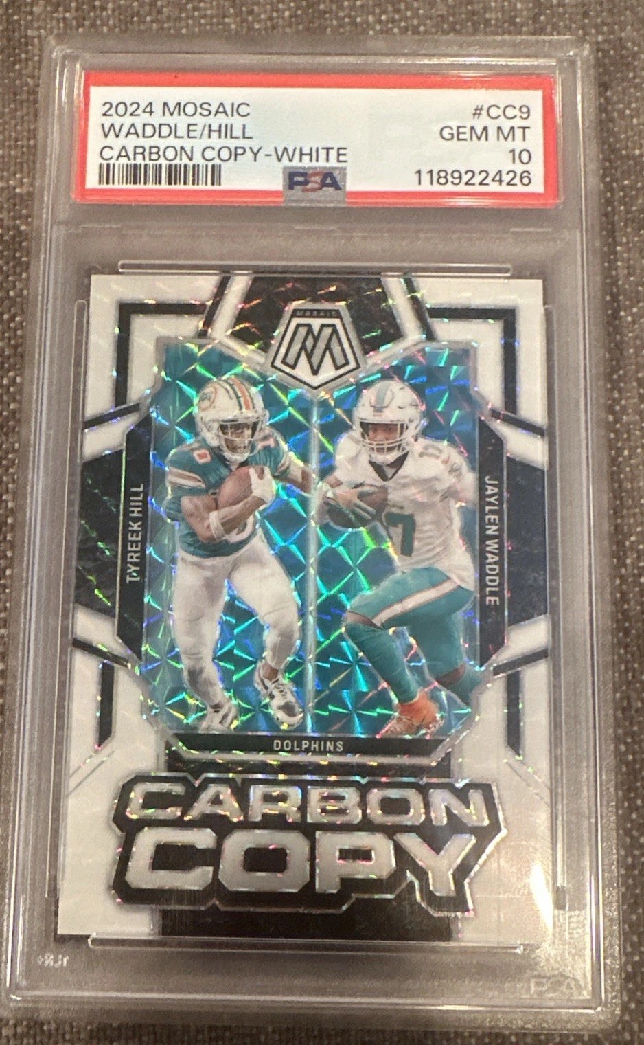 2024 Panini Mosaic Jaylen Waddle Tyreek Hill Carbon Copy White PSA 10 LTD /25 view 1