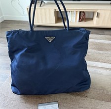 PRADA Tessuto Navy Blue Tote Bag with Logo Accents, Zip Closure, Brand Card