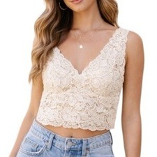 Y2K Guy Laroche Paris Lace Cropped Cami Top M Cream Floral Feminine Coquette