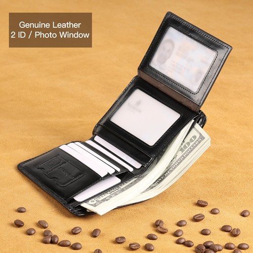 Carteras de hombre RFID de cuero genuino triple pliegue para hombre con ventana de identificación y... - Imagen 2 de 5