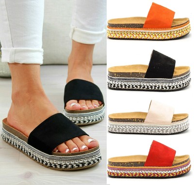 LADIES WOMENS FLATFORM STRAP SLIDERS SUMMER ESPADRILLE SLIP ON SANDALS SHOES SZ | eBay