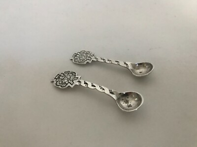 Antique Unique Pair IMACH Sterling Silver Salt Spoons, Moon Phase