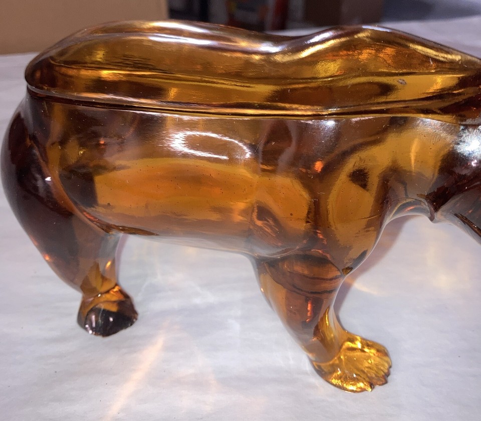 Rare 8” Cooperative Flint Glass Co. Amber Glass Covered Bear Candy