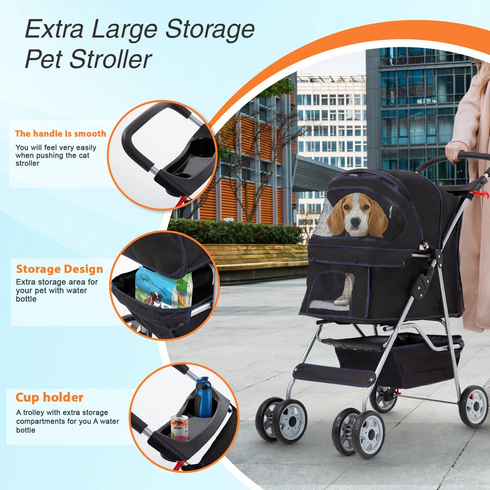 4 Wheels Pet Stroller Dog Cat Cage Jogger Stroller for Medium Small Dogs Cats - Image 4 of 4