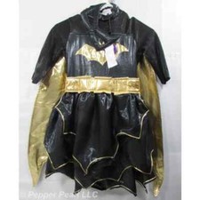 Batgirl Halloween Costume Child Medium Black Gold Dress Cape Eye mask Arm Bands
