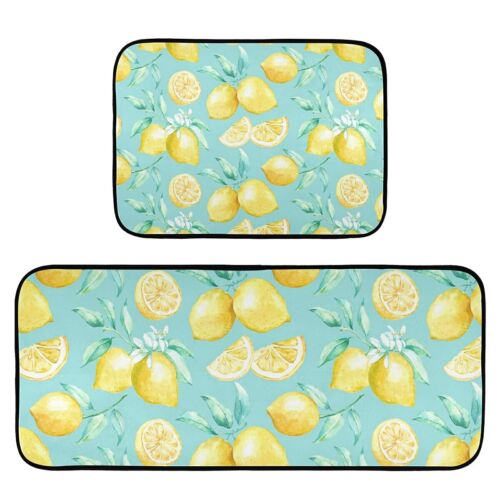Lemon Kitchen Rugs and Mats 2 Piece Non Slip Washable Teal Runner Rug Set for...