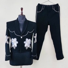 MEN BLACK TWO PIECE CUSTOMIZED VINTAGE FLORAL FLOWERS EMBROIDERY WESTERN SUIT