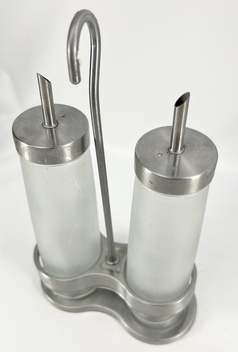 IKEA Oil & Vinegar Dispenser Set Stainless Steel HOLDER W/HANDLE&Frosted  Glass