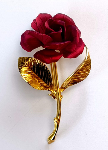 Vintage CERRITO Signed Gold Tone/Red Satin Rose Flower Brooch 2.2"l