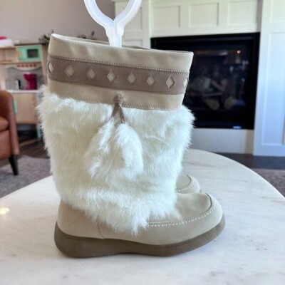 Cougar Cream Stone Leather Boots White Faux Fur Tassle Winter Festival Size  10M