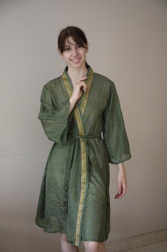 Pure Silk Midi Kimono Robe Knee Length Gown Silk Kimono Robe Green PS MKMO2070 - Picture 2 of 10