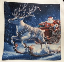 Santa Sleigh Reindeer Vintage Christmas Throw Pillow Cover Winter Holiday Decor