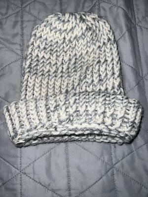 Gray and White Handmade knitted Beanie Hat Very Small Size. EUC