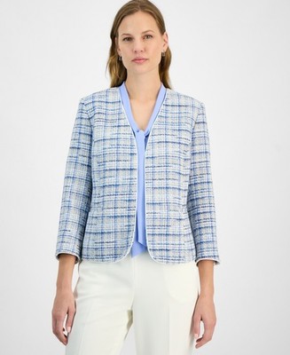 Kasper Petite Tweed 3/4-Sleeve Open-Front Blazer California Sky Multi Collarless