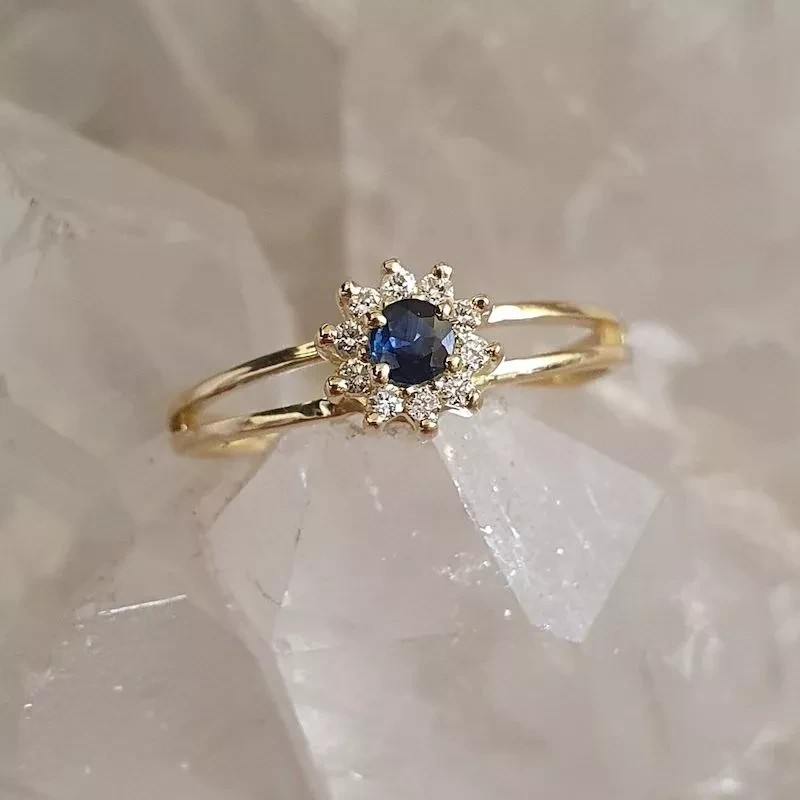 Split Shank Halo Ring 2.20Ct Round Cut Simulated Sapphire 14K Yellow Gold Plated