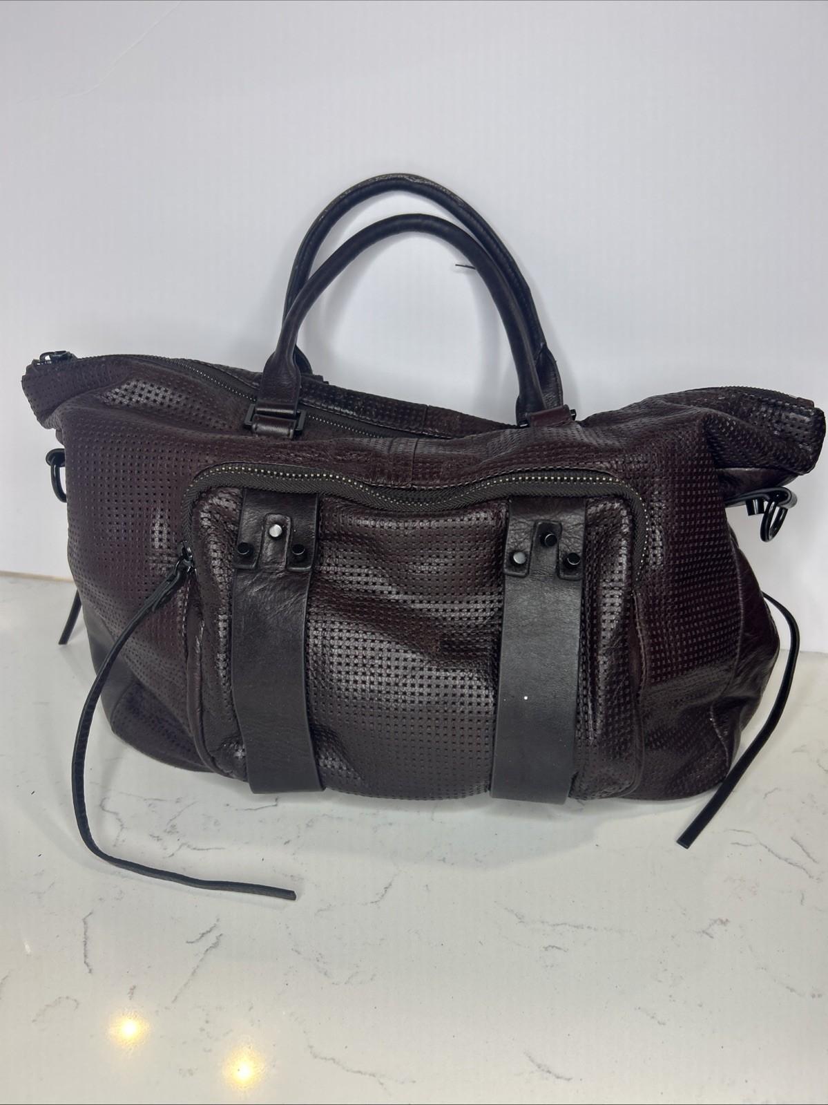 She + Lo Black Perforated 100% Leather Hobo Convertible Shoulder Handbag