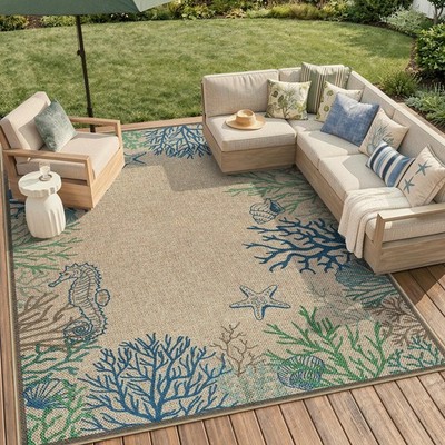 Outdoor Rug 8 x 10 Jute Washable Non Slip Coastal Olive LIVEBOX Modern Easy 8x10