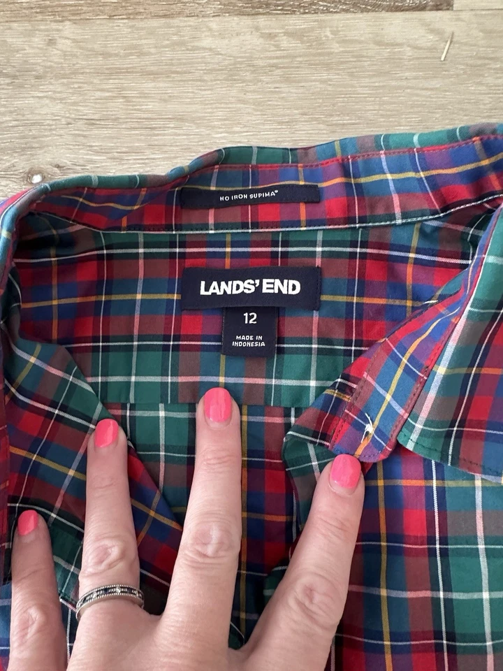 Lands’ End Kids Youth 12 No Iron Supima Plaid Button Down Shirt Red Green Blue - Image 2 of 4