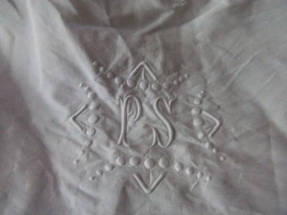 Drap ancien coton ajouré monogramme brodé PS 3,30 x 2,04 - Photo 4/4