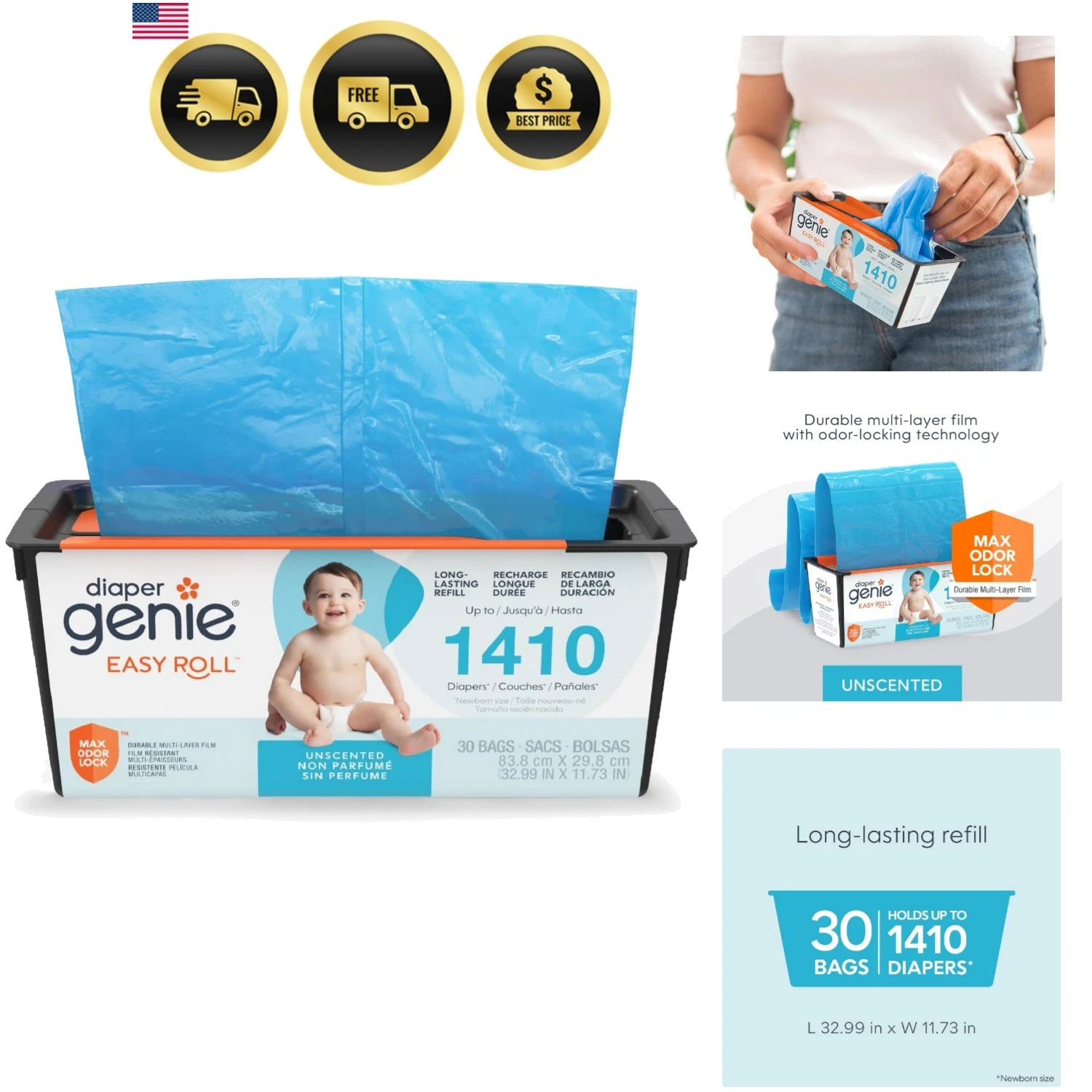 Easy Roll Refill | 30 Bags Per Refill | Holds Up to 1410 Newborn Diapers | Od...