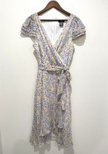 Dkny Multicolor Midi Floral Print Flutter V-Neck Belted Wrap Dress Size 14