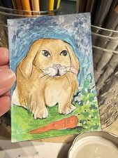 eston Original Rabbit Carrot Drawing Signed 2024 Miniature OOAK Illustration Art