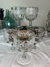 Vintage Set Of 5 Bartlett Collins Thumbprint Goblets Grape Leaf Pattern