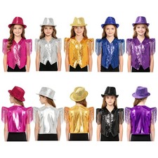Kids Sequins Metallic Vest With Hat Samba Jazz Dance Zip Up Costume Girls Boys