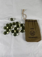 17 Handmade Pontil Shooter Marbles Olive Green + Army Housewife Pouch Vintage