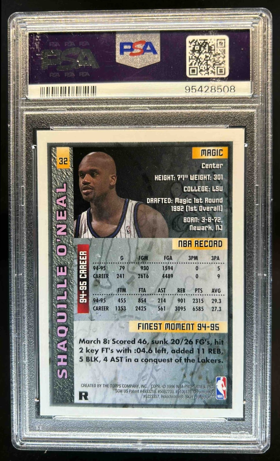 1995-96 Topps Finest Shaquille O'Neal Refractor #32 Magic PSA 9 view 2