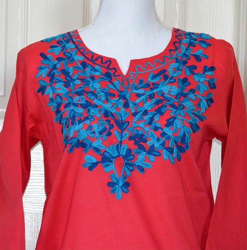 ¡Túnica Top Kurti Kurti Bordada Color Rojo Largo Algodón de la India!¡! - Imagen 3 de 5