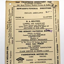 1942 Glasford, Illinois Town Telephone Directory Pekin Peoria IL Canton ILL 7A