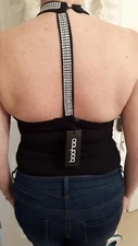 Diamante choker open back bodysuit black 14uk