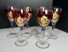 6 bicchieri da vino vintage cechi a stelo lungo rossi con fiori smaltati dipinti a mano