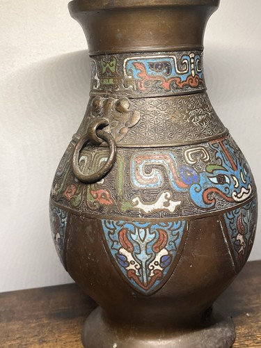 Antique Chinese Champleve Bronze Enamel Vase Enamel Dragon SIGNED Drilled Lamp - Picture 14 of 18