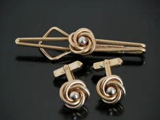 Vtg SWANK Cufflinks Double LOVE KNOT Gold Tone Silver Tone Tie Clip Set