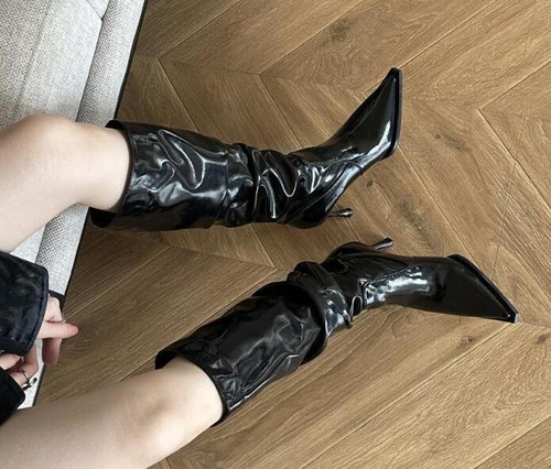 Womens Fashion Winter Pointy Toe Slouchy Patent leather Knee Boots High Heels - Picture 6 of 14