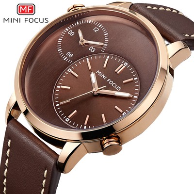 MINI FOCUS Men's Two Times Quartz Business Watch Leather Strap Wristwatch