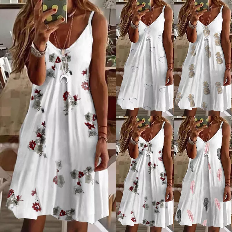 Ladies Boho Beach Loose Summer Holiday Mini Dress Women Sun Dresses Plus  Size