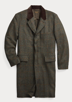 RRL Ralph Lauren Velvet Collar Plaid Shetland Wool Coat Jacket-MEN