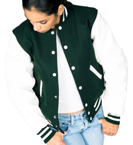 Stewart & Strauss Forest Green Wool & White Leather Varsity Letterman Jacket New - Picture 6 of 6