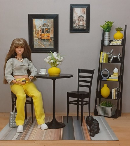 🥗black TABLE CHAIRS dining KITCHEN bistro FURNITURE cafe 1/6 scale for BARBIE - Picture 2 of 11