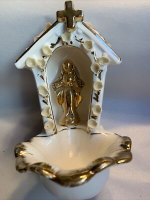Vintage Holy Water font Porcelain gold paint Mary Old Paris Porcelain Style #G
