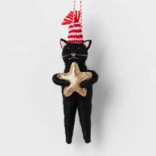 Felted Black Cat Ornament Gold Star Knit Hat Wondershop Kitten NEW