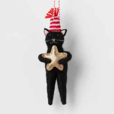 Felted Black Cat Ornament Gold Star Knit Hat Wondershop Kitten NEW