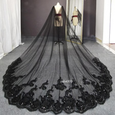 Black Long Wedding Bling Sequin Lace Cathedral Bridal Cape Wedding Shoulder Veil