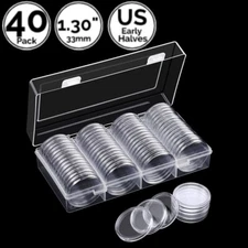 40 Pack 1.30 IN 33 mm Round Coin Capsule Holders w/ Case 4 US Early Half Dollar