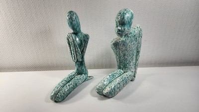Vintage 1980s Art Deco Style Statues Green And White Ceramic Human Figures