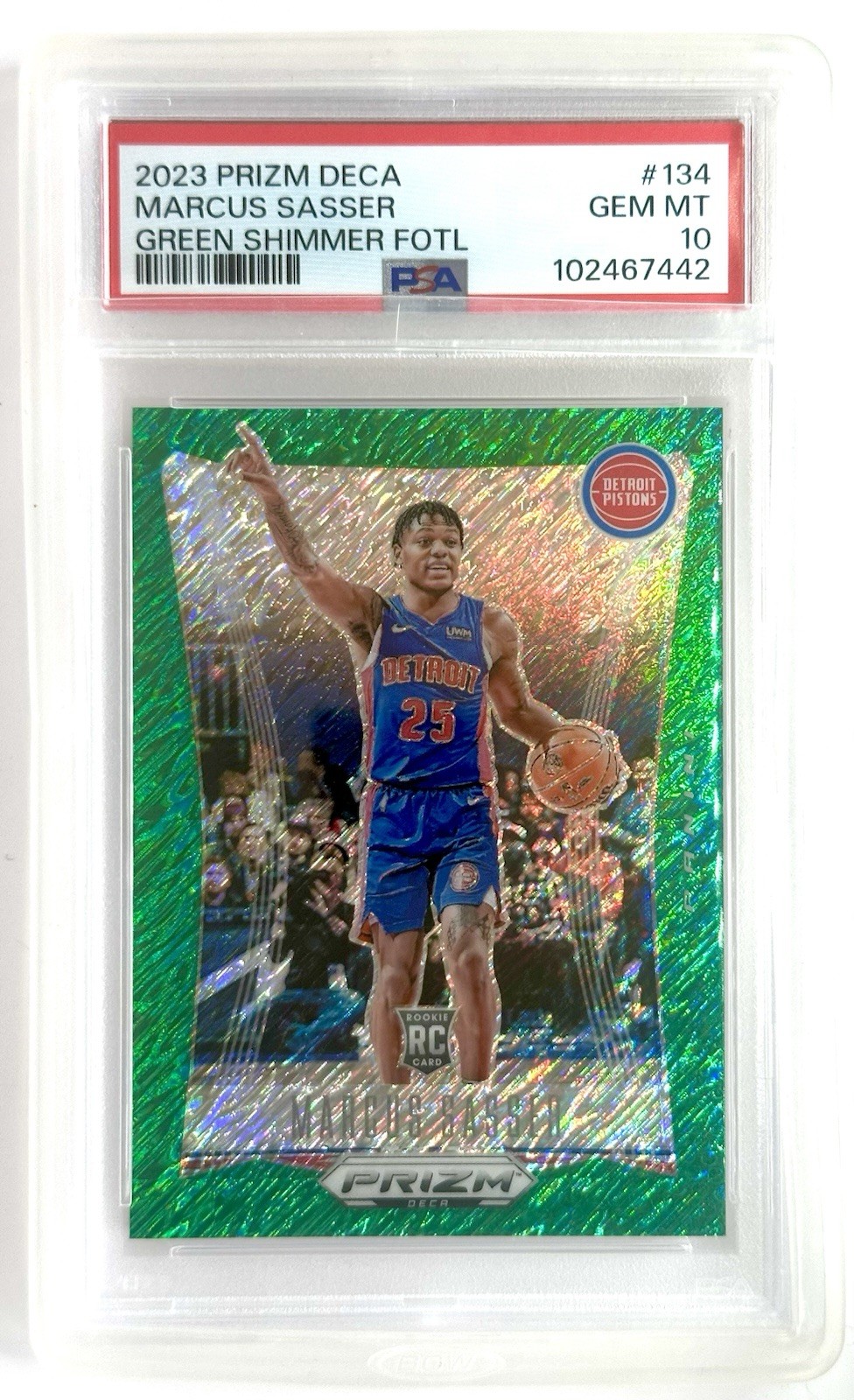 2023 Panini Green Shimmer Prizm Deca FOTL #134 Marcus Sasser RC 9/12 PSA 10